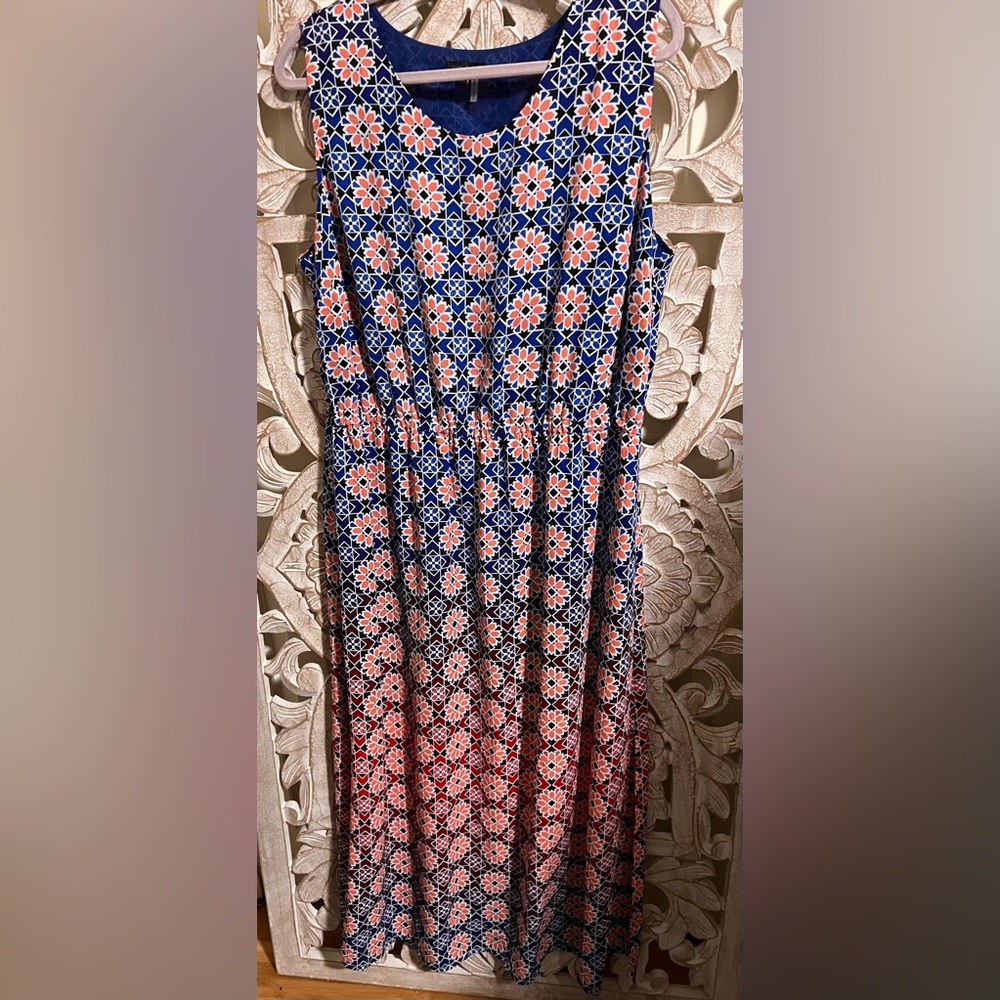 EUC Vince Camuto Sleeveless Maxi Lined Dress W Geometric Multicolor Print Sz 1X